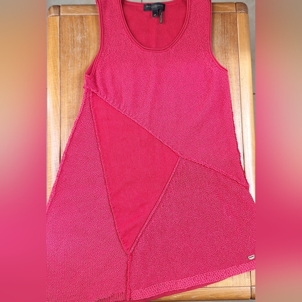 Donna Karan Cotton Knit Top Asymmetrical Patchwork Tank Tunic Scarlet Womens XXS